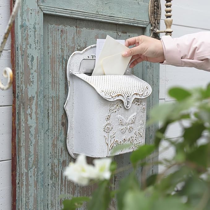 Mailbox Wall Mount Mailboxes for Outside Vintage Mail Boxes for House Outside Metal Drop Box Antique Style Nostalgic Charm Home Decorative, Butterfly Pattern, White