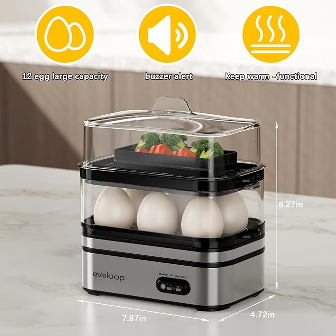 Evoloop Rapid Egg Cooker Electric 12 Eggs Capacity, Soft, Medium, Hard Boiled, Poached, Omelet Maker Egg Poacher & Vegetable Steamer, BPA Free Tray