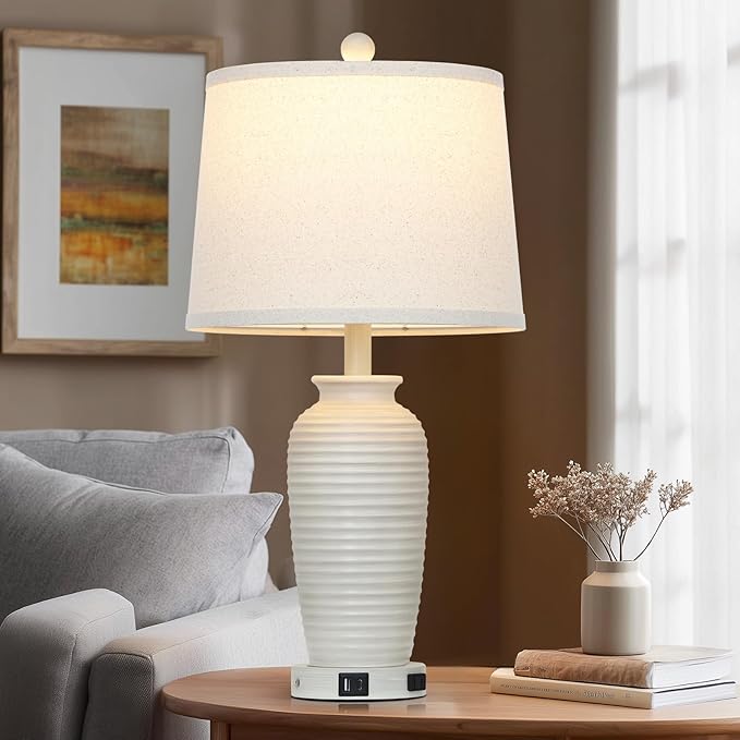 25" Vintage Farmhouse Jar Table Lamps, Single Rustic Bedside Lamp with USB A+C Ports & AC Outlet, Nightstand Lamps for Living Room, Bedroom, End Table, Cream(LED Bulb Included)