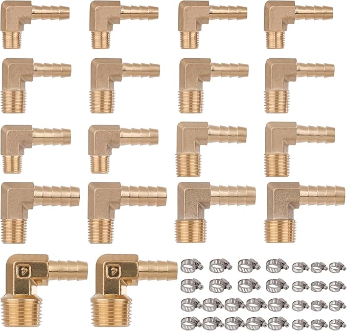KOOTANS 18PCS Brass Hose Barb Fittings 90 Degree Elbow Barb to NPT Male Thread Adapter Kit 1/4" 5/16" 3/8" Barbed Air Hose Fittings with 30pcs Pipe Clamps for Water Fuel Air Line Connector Fitting