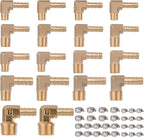 KOOTANS 18PCS Brass Hose Barb Fittings 90 Degree Elbow Barb to NPT Male Thread Adapter Kit 1/4" 5/16" 3/8" Barbed Air Hose Fittings with 30pcs Pipe Clamps for Water Fuel Air Line Connector Fitting
