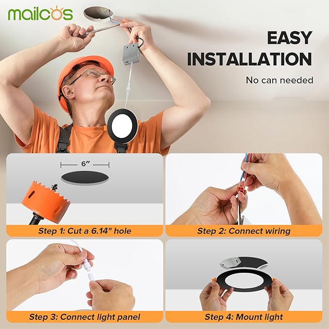 MAILCOS 12 Pack Black 4 Inch 5CCT LED Recessed Ceiling Light with Night Light, 2700K-5000K Selectable, Ultra-Thin Lighting, 12W=110W, 1050LM, Dimmable Canless Wafer Downlight ETL Certificated