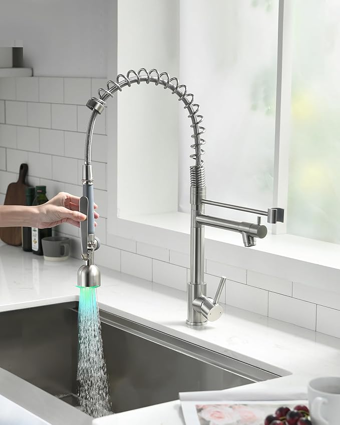 Fapully Commercial Single Handle Pull Down Sprayer Brushed Nickel Kitchen Faucet, Kitchen Sink Faucet with LED Light