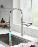 Fapully Commercial Single Handle Pull Down Sprayer Brushed Nickel Kitchen Faucet, Kitchen Sink Faucet with LED Light