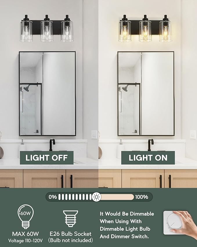 3-Light Bathroom Light Fixtures, Black Vanity Light with Cylinder Clear Glass Shade, Modern Vanity Lighting Fixtures Over Mirror, VL143-MB-3