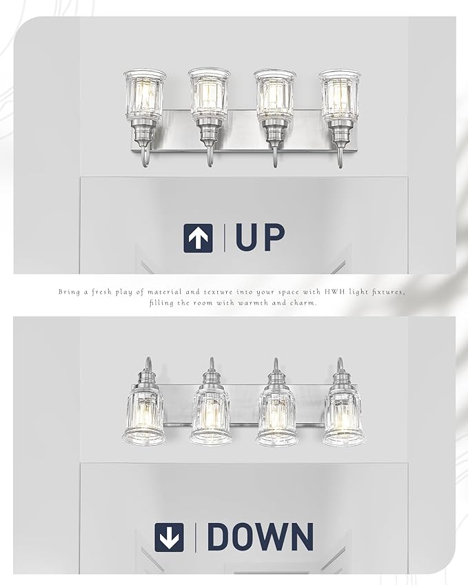 Brushed Nickel Bathroom Light, HWH 4-Light Vanity Lights for Bathroom Vanity Sconce Over Mirror, Wall Mounted Light Fixtures with Bell-Shaped Striped Glass, 5HZG106B-4W BN