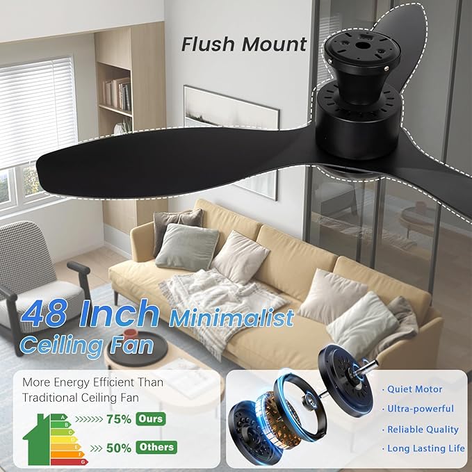 48" Ceiling Fan with Light amd Remote, Black Flush Mount Ceiling Fan with 3 Blades,3 Color Light, 6 Speed, Queit DC Motor, for Indoor/Outdoor/Bedroom/Living Room/Patios, Black