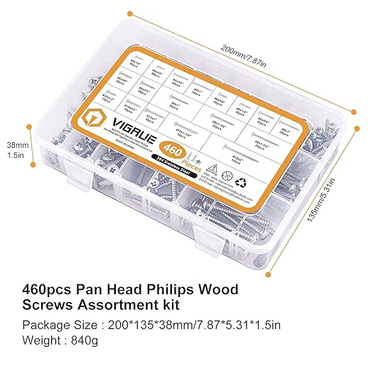 VIGRUE 460pcs Pan Head Philips Wood Screws, 4,#6,#8,#10,#12, 304 Stainless Steel Self Tapping Screw Assortment kit