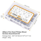 VIGRUE 460pcs Pan Head Philips Wood Screws, 4,#6,#8,#10,#12, 304 Stainless Steel Self Tapping Screw Assortment kit