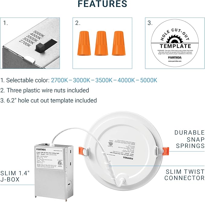 PARMIDA (12 Pack) 6 Inch Dimmable 5CCT Ultra-Thin LED Recessed Ceiling Light with Junction Box, 5 Color Selectable 2700K/3000K/3500K/4000K/5000K, 12W, Canless Wafer Slim Panel Downlight, IC Rated, ETL