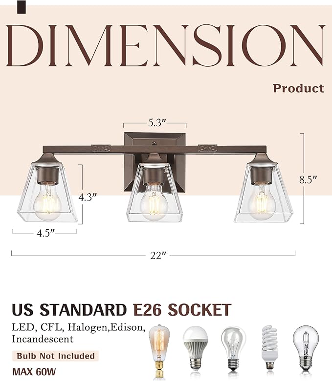 Farmhouse Bathroom Light Fixtures, HWH 3-Light Vanity Light Fixture Over Mirror, Industrial Wall Sconce Lighting with Square Bell Glass Shade, Oil-Rubbed Bronze Finish, 5HY68B-3W ORB