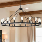 53” Black Large Wagon Wheel Chandelier,Vintage Rustic Farmhouse Chandeliers 18-Lights,Round Metal Industrial High Ceiling Pendant Light with Adjustable Height for Kitchen,Foyer,Porch,Living room
