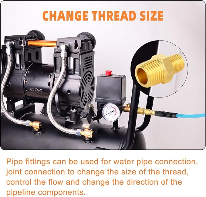 GASHER Brass Reducing Hex Nipples,3/8 Inch NPT Male x 1/4 Inch NPT Male Brass Pipe Adapter Fittings Reducing Nipples Connector（8Pcs）