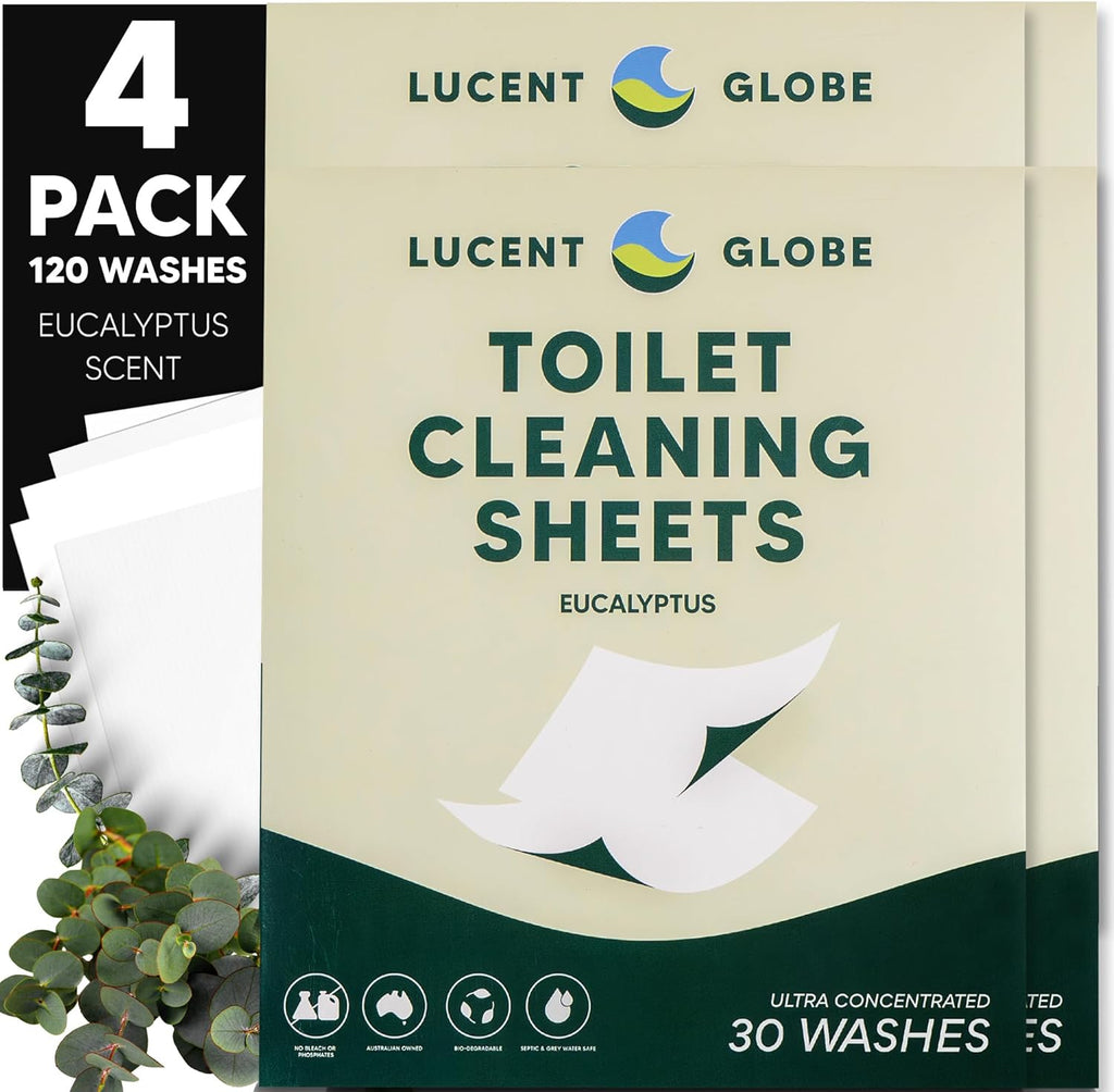 Lucent Globe Toilet Cleaning Sheets | Strips - Tough on Dirt & Stains - Safe for Toilets & Septic Systems - Convenient and Travel Friendly Toilet Bowl Cleaner - Fresh Eucalyptus Fragrance (4 Pack)