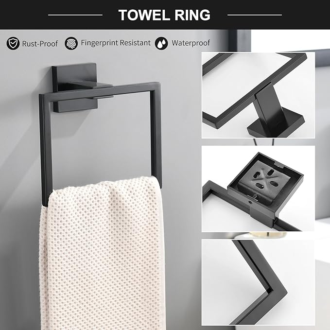 TQKAG 6-Piece Bathroom Towel Bar Sets Matte Black 23.6 inch Towel Bar Stainless Steel Towel Ring Coat Hook and Toilet Paper Holder Bathroom Hardware Set Wall Mounted Bathroom Accessories Kit