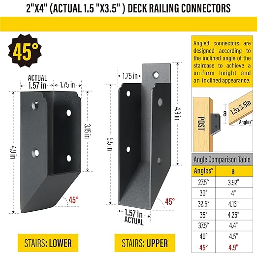 201 Stainless Steel 2" x 4" (1 ½" x 3 ½" Actual) Deck Railing 45° Stair Connectors, for Deck Railing Stair Handrail Connection Installation Deck Railing Bracket (4 Pair-Black)