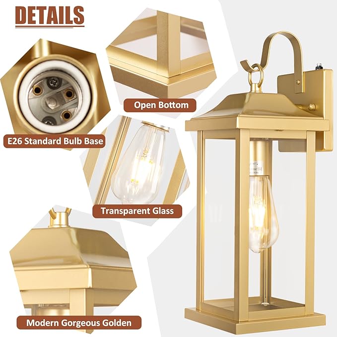 Large Gold Outdoor Sconces Dusk to Dawn 2-Pack, 17 Inch Large Porch Light Photocell Brass Outdoor Light Fixtures IP65 Waterproof with Clear Glass Outside Wall Lanterns Wall Mounted Lamps