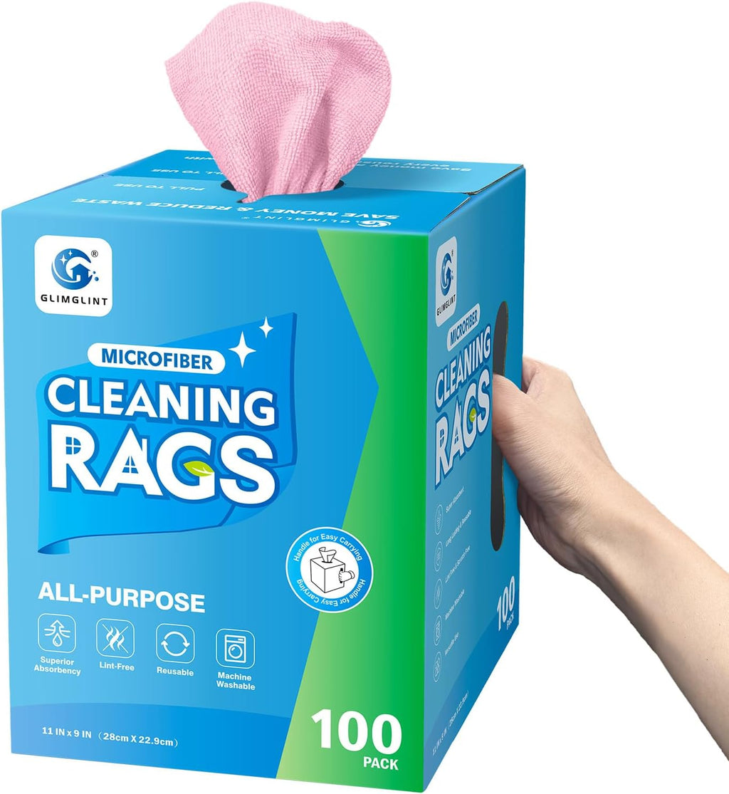 GLIMGLINT Microfiber Cleaning Cloth, 100 Pack Shop Towels, Lint-Free, Ultra Absorbent Reusable or Disposable Microfiber Cloths for Kitchen, Car, Cleaning Rags, 11" x 9", Red
