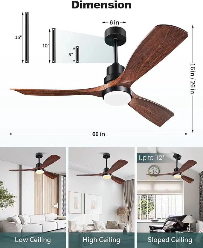60 Inch Ceiling Fans with Lights 3 Downrods, Outdoor Ceiling Fan for Patios with Remote Control, ETL Listed, 3 Blades Wood Ceiling Fans Reversible Quiet Dc Motor For Indoor Bedroom Farmhouse