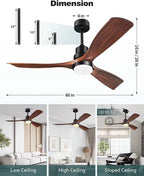 60 Inch Ceiling Fans with Lights 3 Downrods, Outdoor Ceiling Fan for Patios with Remote Control, ETL Listed, 3 Blades Wood Ceiling Fans Reversible Quiet Dc Motor For Indoor Bedroom Farmhouse