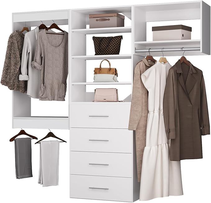 ROOMTEC Modular Closet System, 72" Wall Mounted Closet Organizer with Hanging Rods and Drawers, Modern Wooden Tower for Walk-In Closets, Wardrobe Storage Kit, White