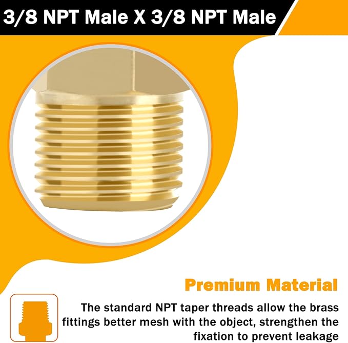 KOOTANS 3/8 NPT x 3/8 NPT Male Solid Brass Nipples Heavy Brass Pipe Adapter Fittings Equal Hex Nipple Connectors 4Pieces