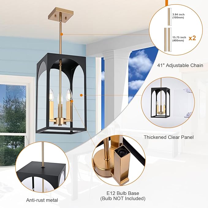 VINLUZ 3 Lights Outdoor Pendant Light Fixture in Black and Brushed Brass Finish, Classic Indoor Outdoor Hanging Lantern Lighting with Clear Glass Shade for Porch Entryway Hallway