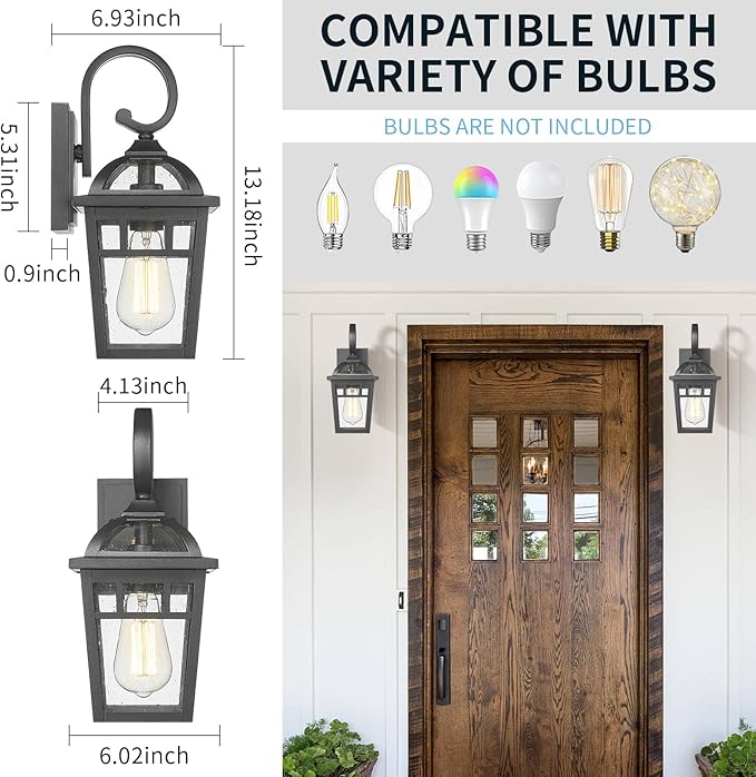 Front Porch Lights Outdoor Wall Lights Exterior Wall Sconce, Matte Black Exterior Light Fixtures with Seeded Glass Farmhouse Outdoor Lighting Fixtures for House Garage Porch Patio, 2 Pack