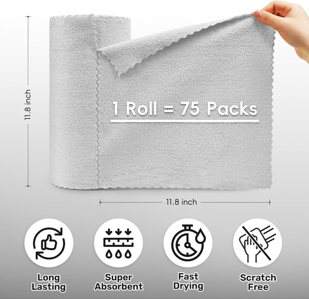 Microfiber Cleaning Cloths Roll, 75 Pack Tear Away Microfiber Towels Roll, 12" x 12" Lint Free Rags, Reusable Cleaning Cloths, Washable, Scratch Free,Ultra Absorbent Dish Rags(Grey)