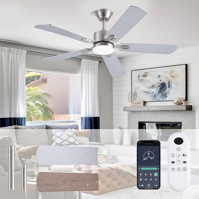 52inch Ceiling Fans with Lights and Remote/App Control, Double-Side Blades, Dimmable LED, Reversible DC Motor, Noiseless, Modern Low Profile Ceiling Fan for Indoor/Outdoor Use (Nickel)