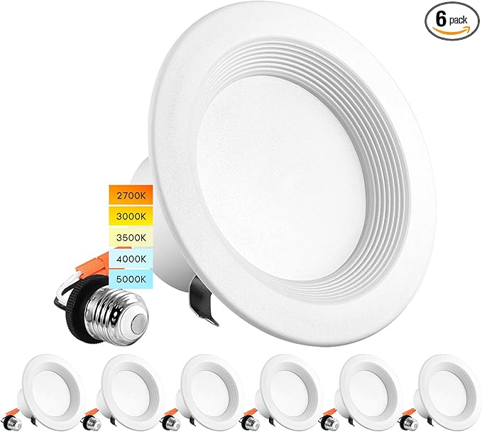 LUXRITE 4 Inch LED Recessed Can Lights, 10W=60W, CCT Color Selectable 2700K | 3000K | 3500K | 4000K | 5000K, Dimmable Retrofit Downlights, 750 Lumens, Energy Star, Wet Rated, Baffle Trim (6 Pack)