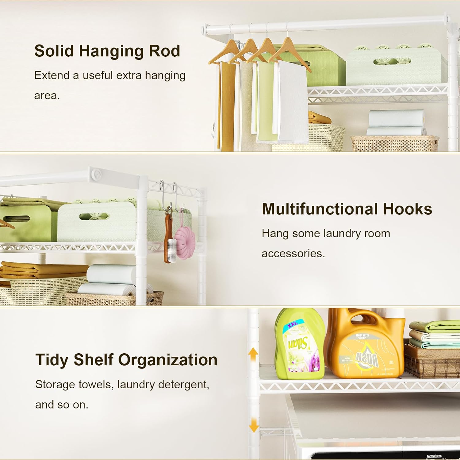 Ulif U11 Mini Over Washer and Dryer Shelves, 3 Tiers Laundry Room Storage and Organizer Standing Shelf, Metal Freestanding Clothes Drying Rack, 28.3”W x 19.7”D x 77.6”H, White