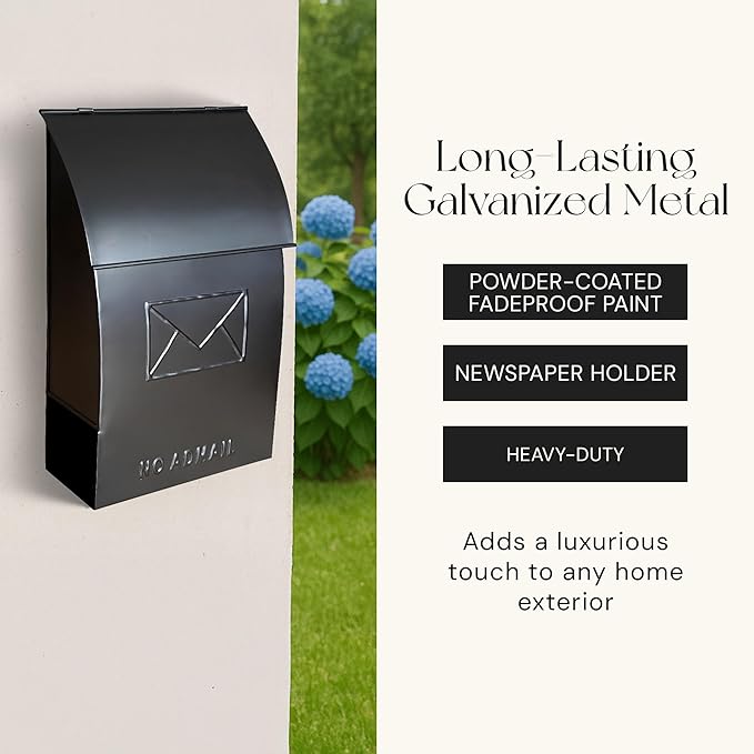 NACH Mailboxes for Outside Wall Mount, 15 x 9.5 x 4 inches, Black Wall Mounted Mailbox and Newspaper Holder, Waterproof Mailbox for Door - The No Admail Milano Mailbox