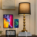 Gold Table Lamp 24" Nightstand Lamps Set of 2 Bamboo Shape Base Metal Desk Lamps with Linen Black Shade Modern Bedside Nightlight with USB A+C Ports Rustic Table Lamp for Farmhouse Dining Room