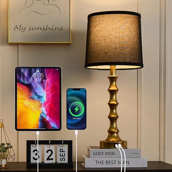 Gold Table Lamp 24" Nightstand Lamps Set of 2 Bamboo Shape Base Metal Desk Lamps with Linen Black Shade Modern Bedside Nightlight with USB A+C Ports Rustic Table Lamp for Farmhouse Dining Room