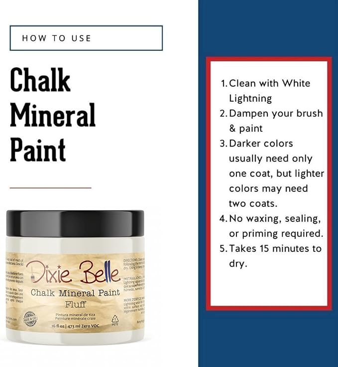 Dixie Belle Paint Company Chalk Finish Furniture Paint - Fluff (16oz) - Matte Soft White Chic Chalk Mineral DIY Furniture Paint