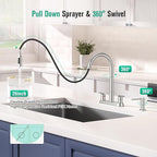 CREA 4 Holes Kitchen Faucets with Pull Down Sprayer and Soap Dispenser,Two Handles 8-Inch Bar Sink Faucet for RV Laundry Camper Utility Sink Brushed Nickel Stainless Steel