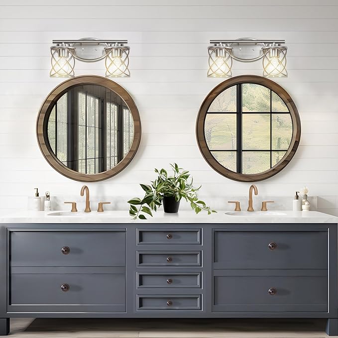 mavcadonf 2-Lights Vanity Lights, Bathroom Light Fixtures Over Mirror, Brushed Nickel Vanity Light, Farmhouse Wall Lights with Clear Glass Shade, Bathroom Wall Lamp for Mirror Kitchen Bedroom