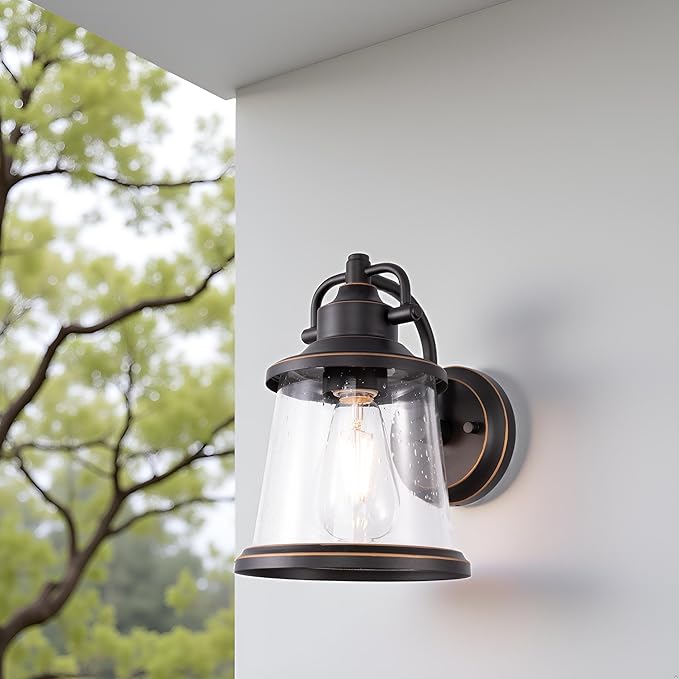 GRUENLICH Outdoor Wall Lantern, Wall Sconce as Porch Lighting Fixture, E26 Medium Base, Metal Housing Plus Seeded Glass, Oil Rubbed Bronze Finish, Bulb Not Included, 1-Pack