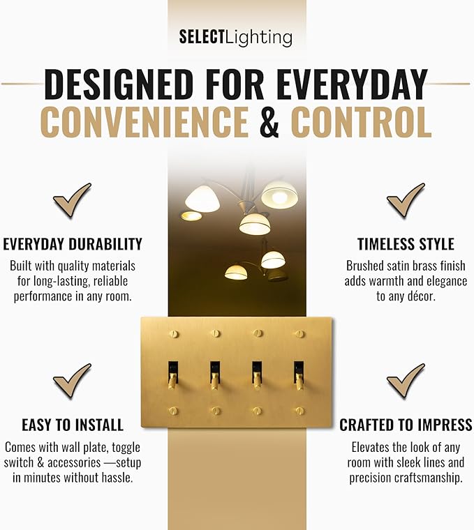 4-Gang Satin Solid Brass Plated Toggle Switch, 15A 120V AC Wall Mount, 3-Way Compatible Vintage Style Single Pole with Faceplate & Switch Module