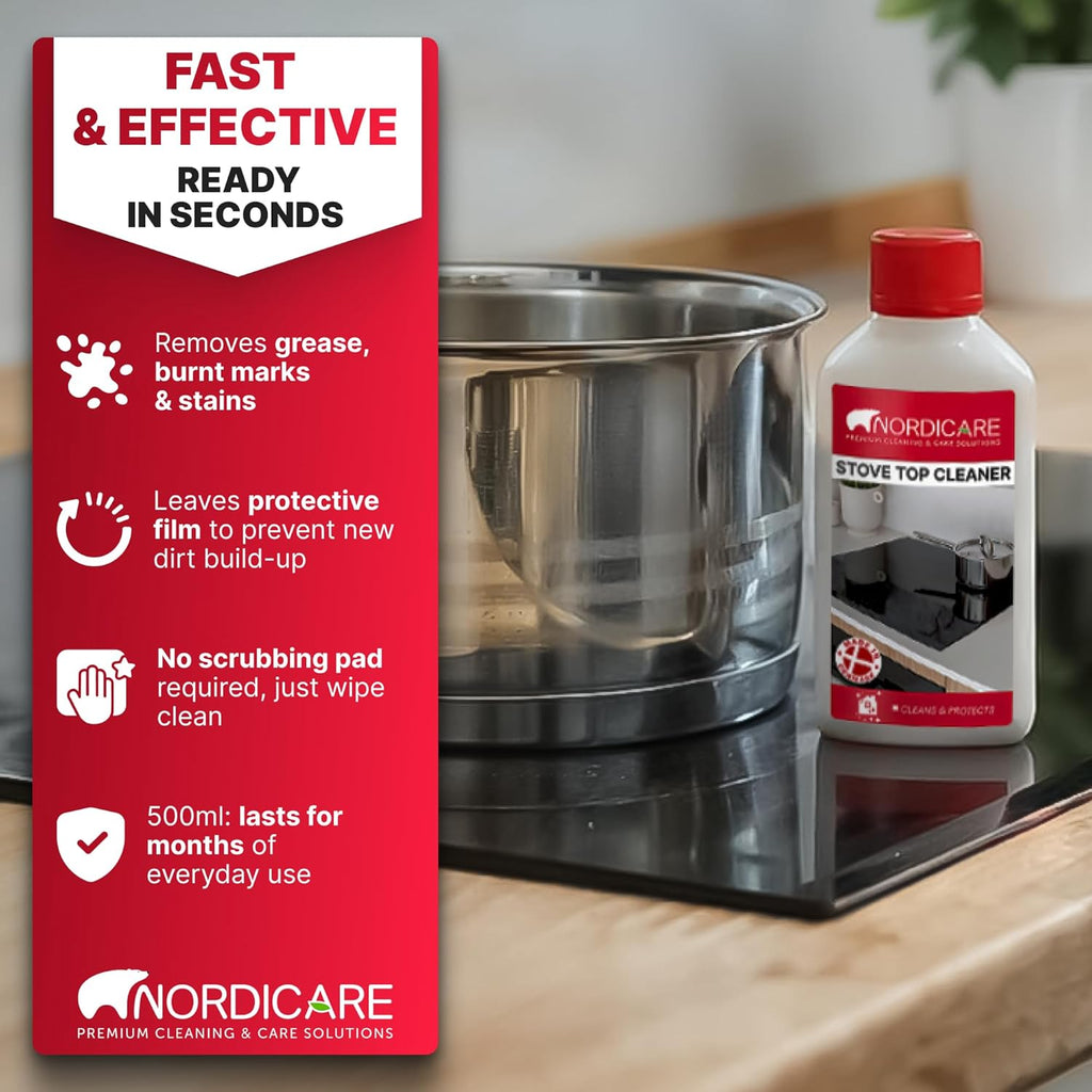 Nordicare Stove Top Cleaner Glass Ceramic - Induction Cooktop Cleaner Polish And Protector For Everyday Use - No Scrubbing Pad Needed - Leaves Protective Film - Made In Denmark (16.9oz)