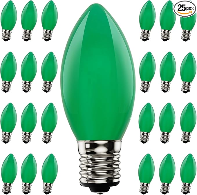 25 Pack C9 Christmas Green LED Light Bulb,Vintage Plastic C9 Ceramic Replacement Bulbs Watterproof C9/E17 Intermediate Base 0.6 Watt Great for Night Lights Christmas Patio String Lights