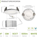 ASD LED Recessed Lighting 4 Inch, Round Commercial Downlight, Mini Panel with Baffle Trim, 4" 12W 120-277V CCT Selectable 2700/3000/3500/4000/5000K, Dimmable Ceiling Light Fixture, White, ETL, 6 Pack