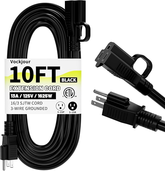 16/3 Black Indoor Outdoor Extension Cord 10 Ft Waterproof, Heavy Duty Extension Cord with 3 Prong Grounded Plug,13A 1625W 16AWG SJTW, Flexible Weatherproof Power Cable for Offices, Gardens and Lawns