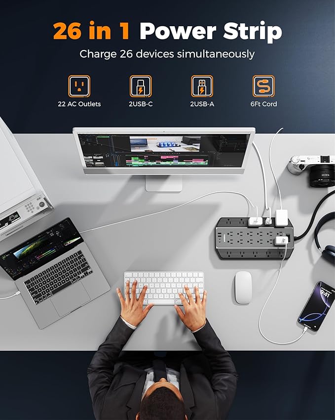 4000J Surge Protector Power Strip, TESSAN 22 Outlets Heavy Duty Extension Cord with 4 USB Ports (2 USB C), 1875W, 15A, Flat Plug, Charging Station for Home, Office, Gaming Room, PC, Dorm, Black