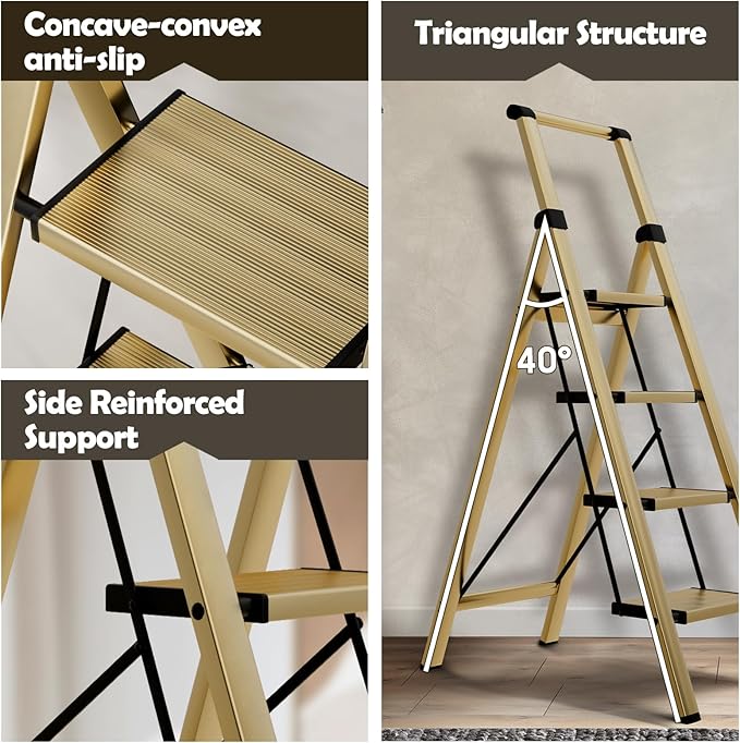 Taranta 4 Step Ladder, Portable Folding Ladder with Wide Pedal, Lightweight Aluminum Step Stool with Convenient Handgrip, 330 lbs Capacity Stepladder for Home, Office - Gold
