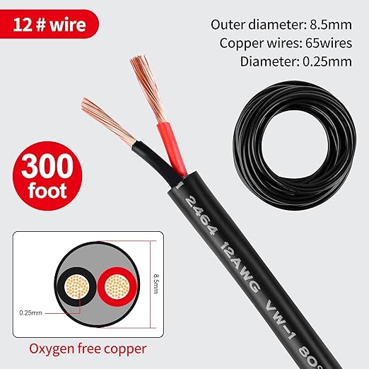 12 Gauge Electrical Wire 2 Conductor 12 AWG Electrical Wire Stranded PVC Cord Oxygen-Free Copper Cable 300FT Pure Copper Flexible Cable Wire Cord for LED Lamp Lighting Strips Automotive…