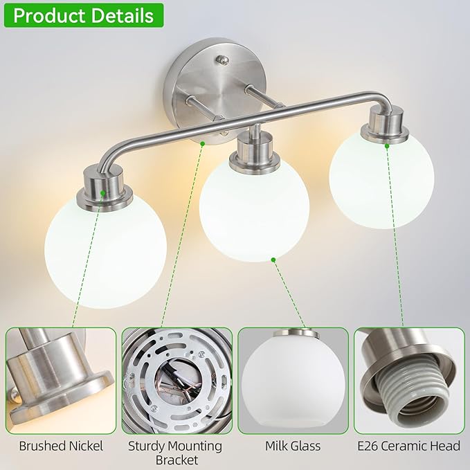 Bathroom Light Fixtures Brushed Nickel Vanity Light 3 Light Wall Sconces Lighting Silver Lights with Milk Globe Glass Shades Bath Wall Lamp for Mirror Kitchen Living Room Bedroom Hallway