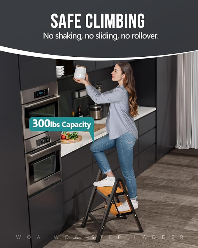 WOA WOA Step Ladder, Widening Pedals for Extra Balance, Lightweight Step Stool, Easy to Move Around, Foldable Ladder, Space Saving, Anti-Slip Stepladder 300 lbs Capacity (2 Step, Black & Wood Grain)