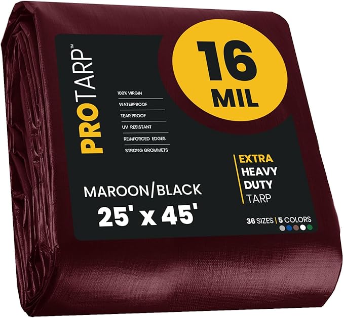 PROTARP Extra Heavy Duty 16 Mil Tarp Cover, Waterproof, UV Resistant, Rip and Tear Proof, Poly Tarpaulin with Reinforced Edges for Roof, Camping, Patio, Pool, Boat. (Maroon/Black 25′ X 45′)